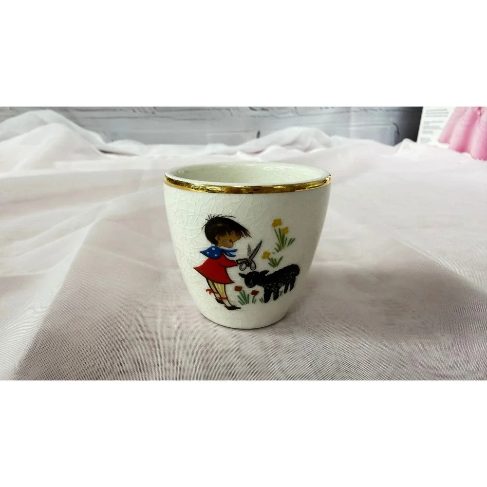 Vintage Arklow Ironstone Ireland Egg Cup Child Shearing Sheep Gold Rim Crackle